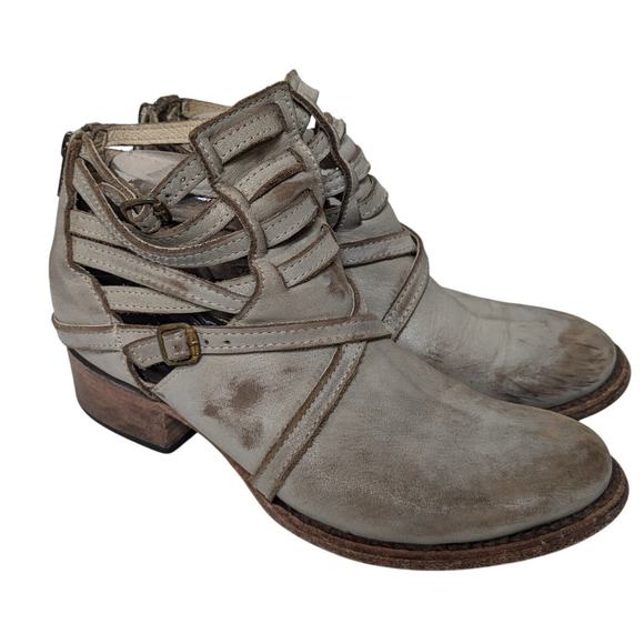 FREEBIRD By Steven Cream Distressed Strappy Stair Booties Women's Size 8 $335